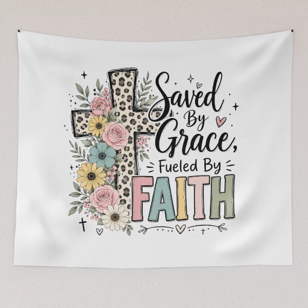Item preview, Christian Inspirational Quote, Saved by Grace Fueled by Faith Christian Floral Cross designed and sold by graphic-genie.