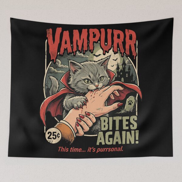Item preview, Vampurr Bites Again Funny Vampire Cat Horror Halloween Retro Movie Parody designed and sold by Phil Ben.
