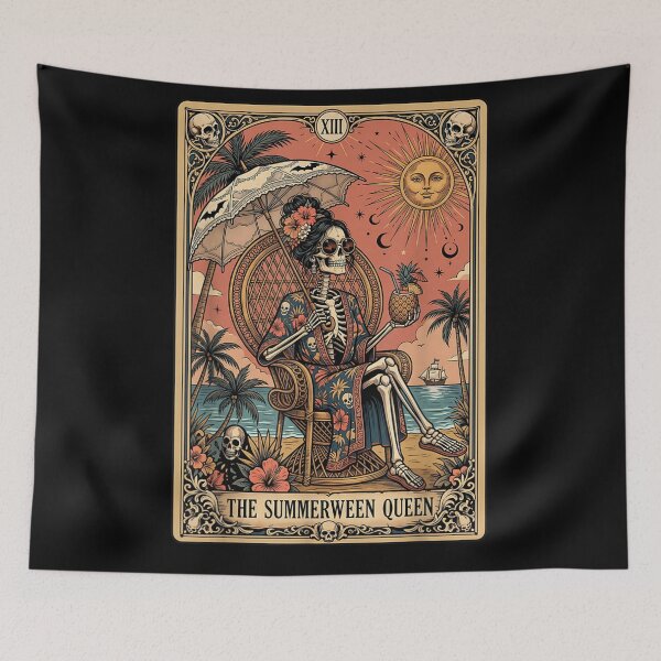 Item preview, Summerween Queen Relaxing Tropical Skeleton Vintage Halloween Tarot Style Artwork designed and sold by Chaya Reid.