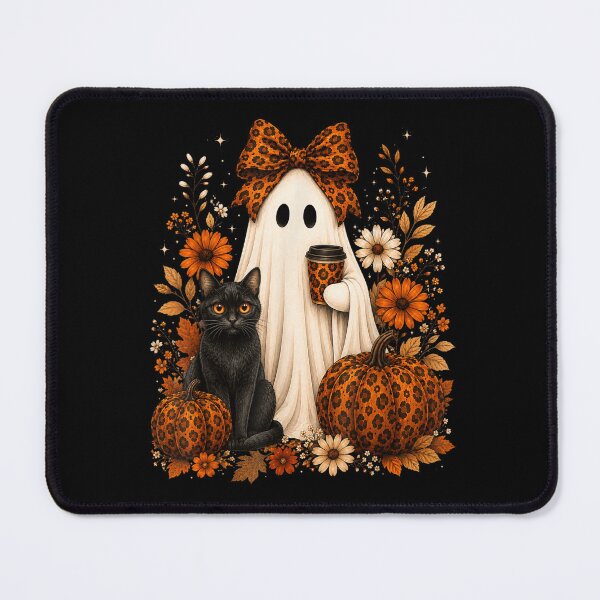 Item preview, Cute Ghost Girl With Black Cat Enjoying Cozy Autumn Halloween Coffee designed and sold by Daisy Grimes.