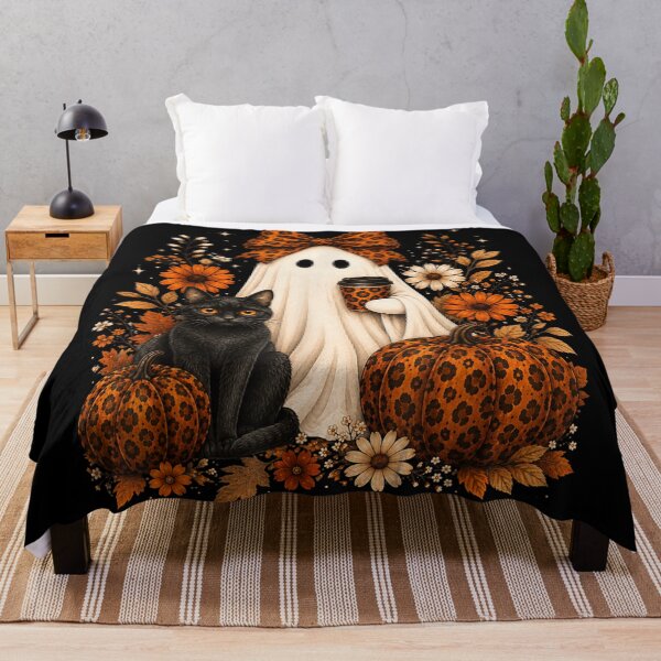 Item preview, Cute Ghost Girl With Black Cat Enjoying Cozy Autumn Halloween Coffee designed and sold by Daisy Grimes.