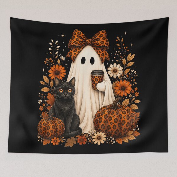 Item preview, Cute Ghost Girl With Black Cat Enjoying Cozy Autumn Halloween Coffee designed and sold by Daisy Grimes.