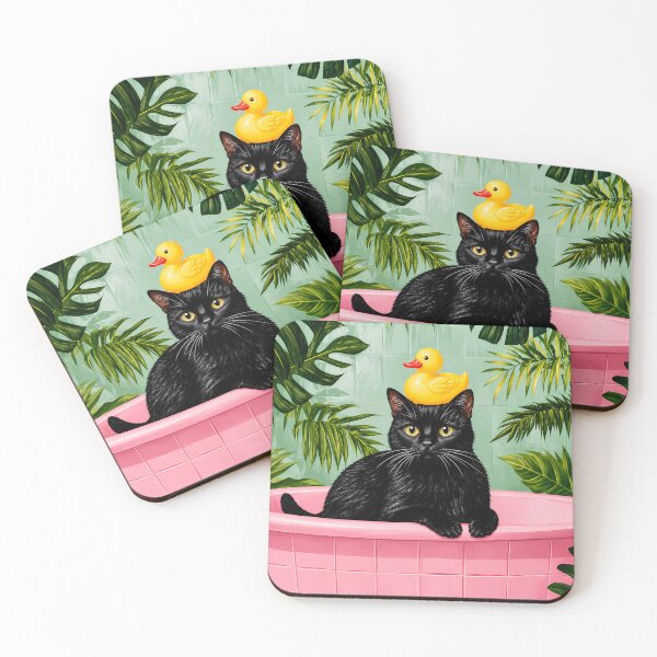 Item preview, Black Cat in Pink Bathtub with Rubber Duck | Whimsical Botanical Bathroom designed and sold by funnygeekss.