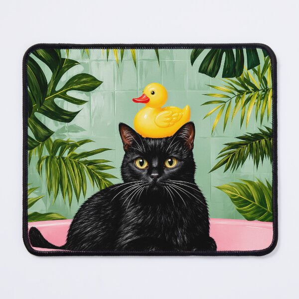 Item preview, Black Cat in Pink Bathtub with Rubber Duck | Whimsical Botanical Bathroom designed and sold by funnygeekss.