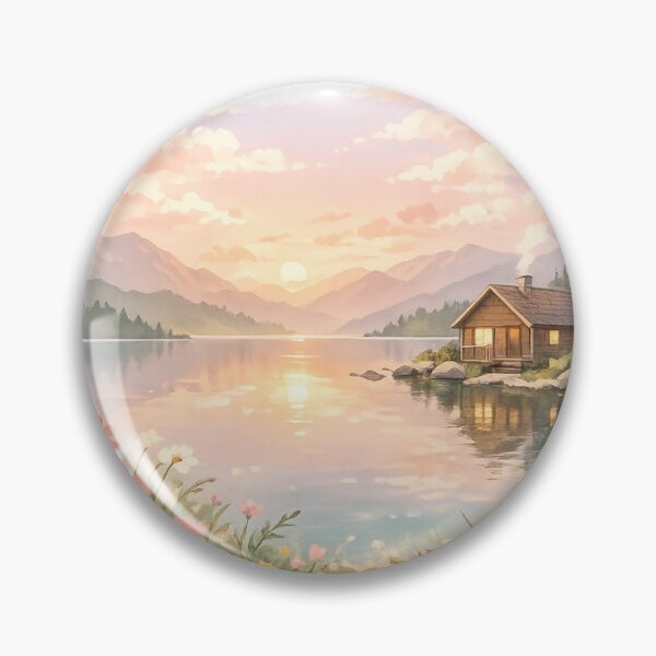 Item preview, Dreamy Sunrise Cabin Lake Aesthetic | Pastel Nature Illustration designed and sold by Trendykunnu.