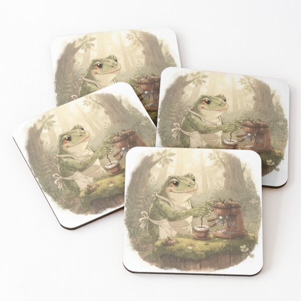 Item preview, Frog Barista Pulling a Tiny Acorn Espresso Cottagecore Art designed and sold by PictorialWhimsy.