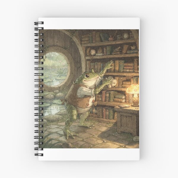 Item preview, Toad Bookshop Keeper Dusting the Pond Novels Cottagecore Art designed and sold by PictorialWhimsy.