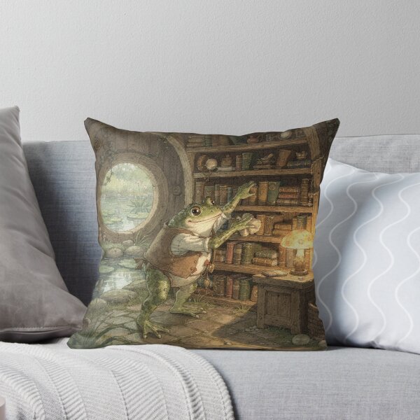 Item preview, Toad Bookshop Keeper Dusting the Pond Novels Cottagecore Art designed and sold by PictorialWhimsy.
