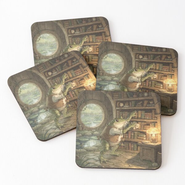Item preview, Toad Bookshop Keeper Dusting the Pond Novels Cottagecore Art designed and sold by PictorialWhimsy.