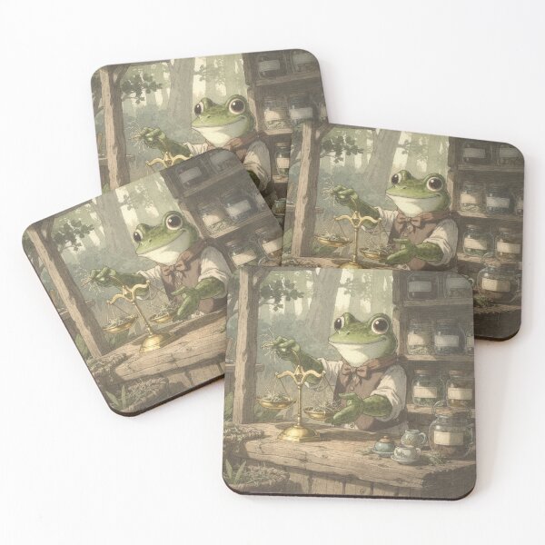 Item preview, Frog Tea Merchant Weighing Out Dried Moss Cottagecore Art designed and sold by PictorialWhimsy.