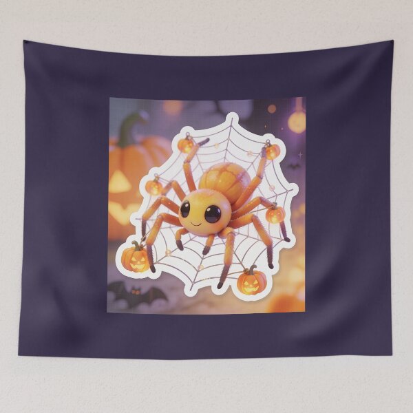 Item preview, Cute Halloween Spider on Web with Jack O Lantern Lights designed and sold by OksArtStudio.