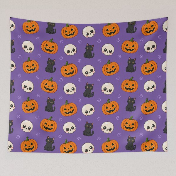 Item preview, Cute Halloween Pumpkin Cat Skull Seamless Pattern designed and sold by teeperfect.