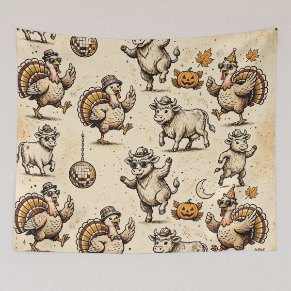 Item preview, Thanksgiving Highland cow goes halloween with turkey disco party dance designed and sold by Yellowriversss.