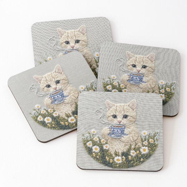 Item preview, Cozy Kitten & Warm Coffee – Handcrafted Embroidery Style Art designed and sold by Fattosh.