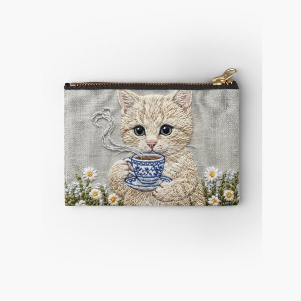 Item preview, Cozy Kitten & Warm Coffee – Handcrafted Embroidery Style Art designed and sold by Fattosh.
