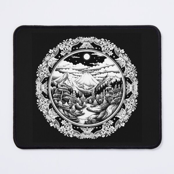 Item preview, Moonlit Mountain Landscape with Ornate Floral Frame designed and sold by inkoutninja.