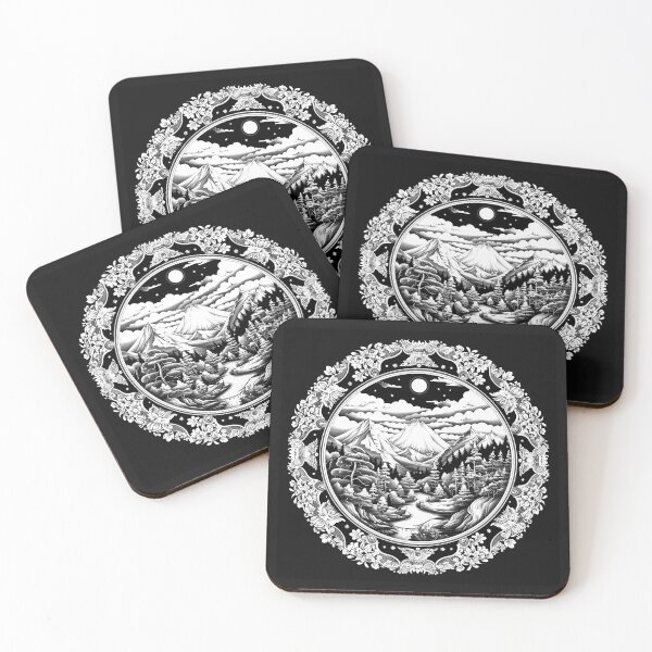 Item preview, Moonlit Mountain Landscape with Ornate Floral Frame designed and sold by inkoutninja.