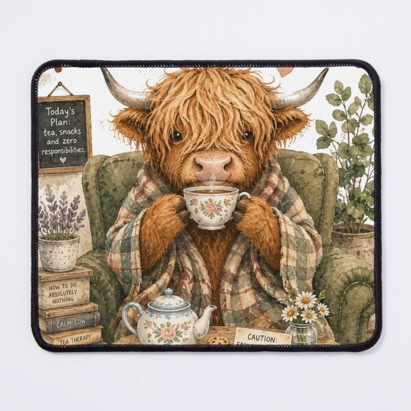 Item preview, Tea Drinking Highland Cow Cute Cozy Aesthetic Cottagecore designed and sold by DreamyBrushArt.