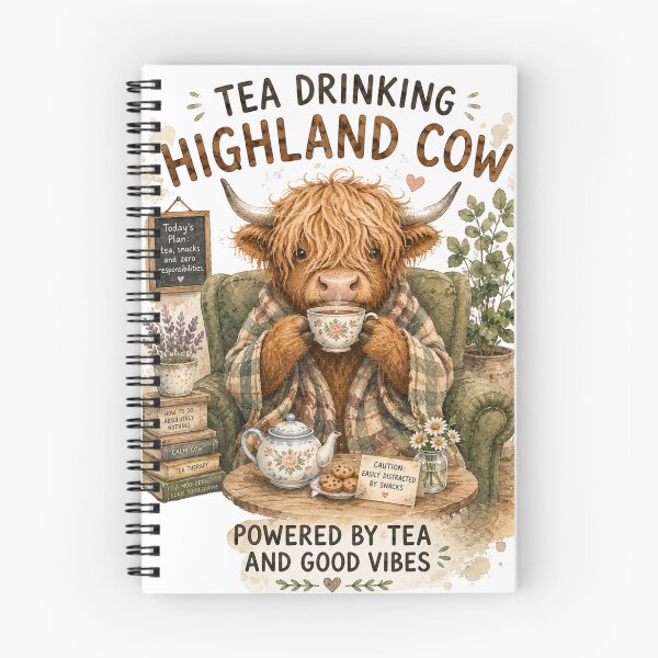 Item preview, Tea Drinking Highland Cow Cute Cozy Aesthetic Cottagecore designed and sold by DreamyBrushArt.