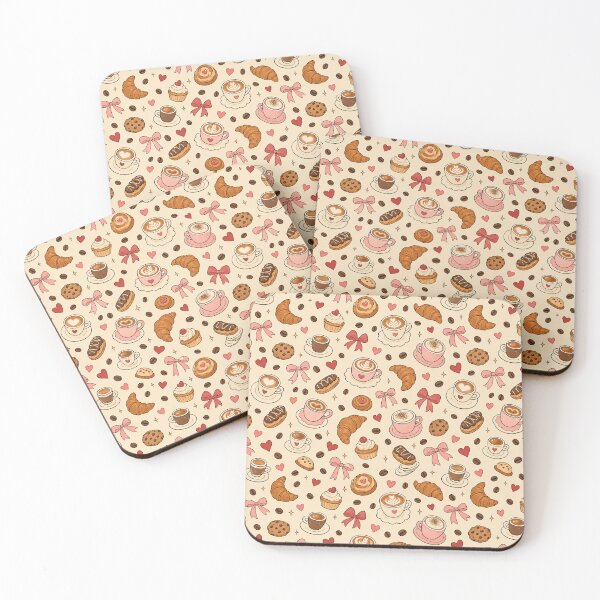 Item preview, Cute Café Treats Pattern with Coffee Cups, Croissants and Pink Bows designed and sold by Bakes Designs.