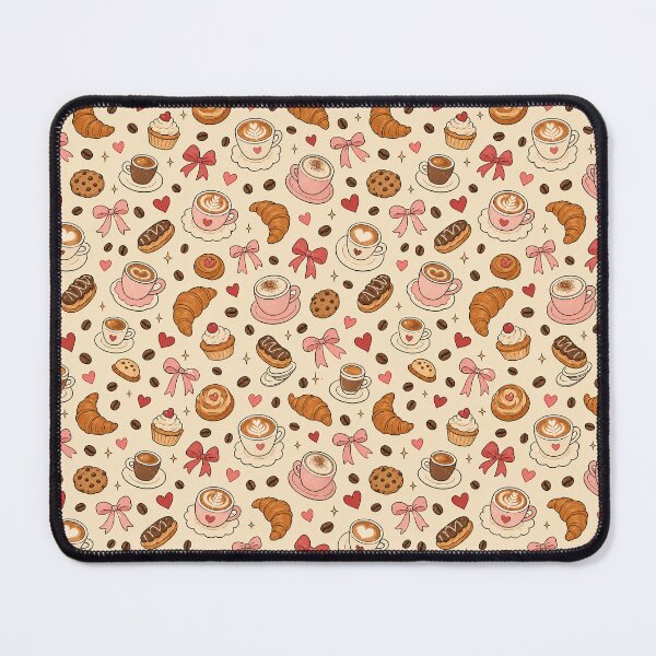 Item preview, Cute Café Treats Pattern with Coffee Cups, Croissants and Pink Bows designed and sold by Bakes Designs.