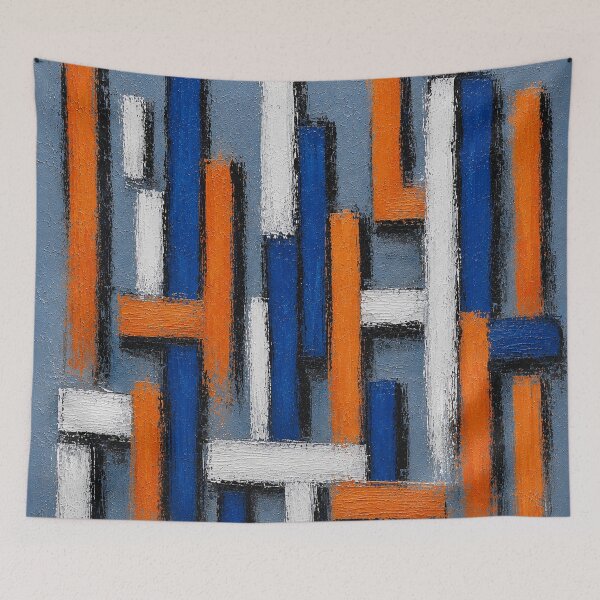 Aperçu de l'œuvre Abstract Terracotta and Blue Geometric Impasto Wall Art créée et vendue par Ingorgia Studio.