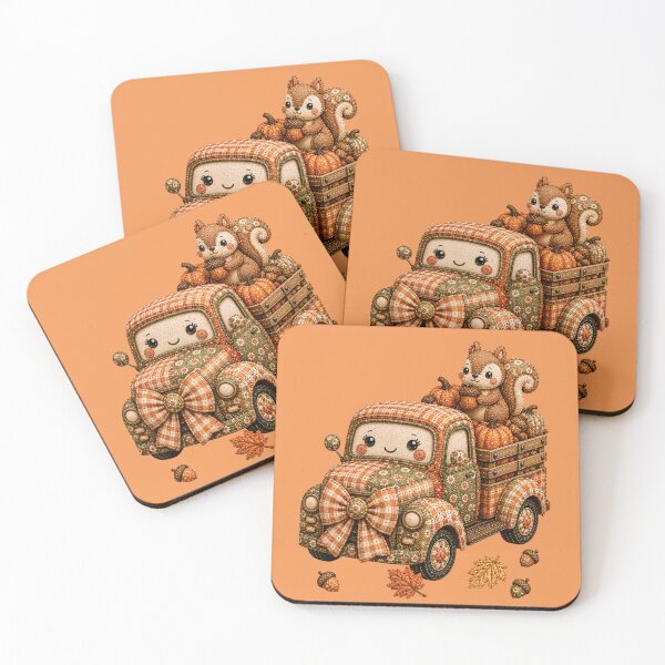 Item preview, Cute Autumn Patchwork Farm Truck with Squirrel and Pumpkins designed and sold by DecoVibe.