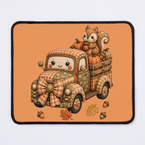Item preview, Cute Autumn Patchwork Farm Truck with Squirrel and Pumpkins designed and sold by DecoVibe.