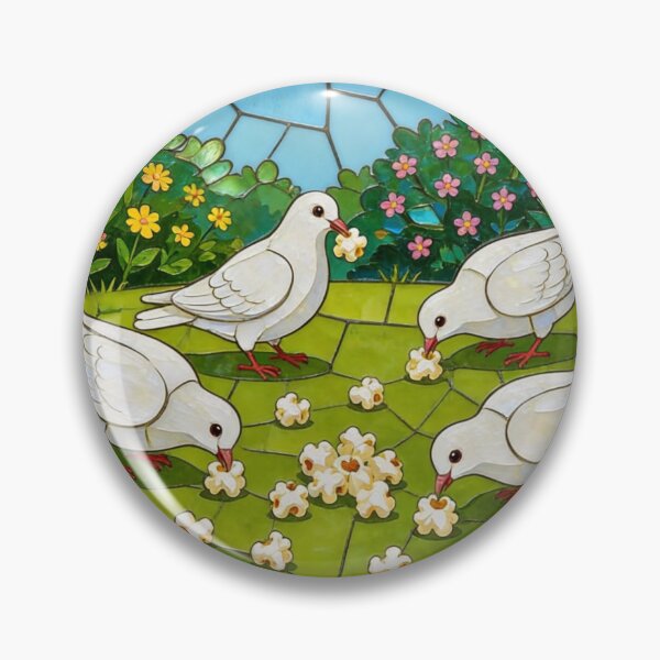 Item preview, Stained glass window: White doves eating popcorn in a garden designed and sold by Ciervo Primavera.