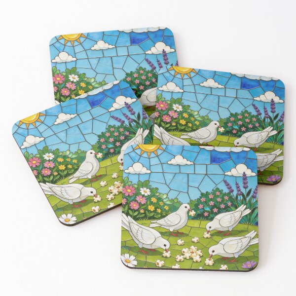 Item preview, Stained glass window: White doves eating popcorn in a garden designed and sold by Ciervo Primavera.