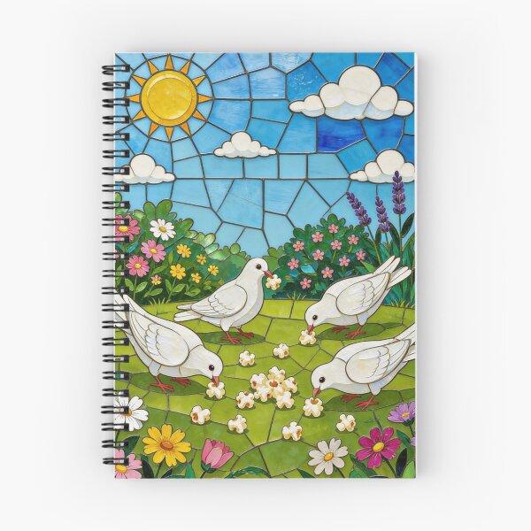 Item preview, Stained glass window: White doves eating popcorn in a garden designed and sold by Ciervo Primavera.