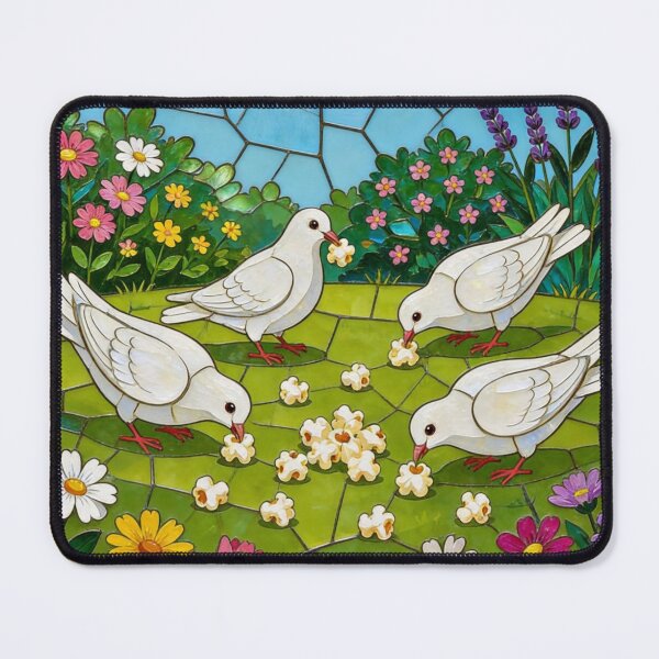 Item preview, Stained glass window: White doves eating popcorn in a garden designed and sold by Ciervo Primavera.