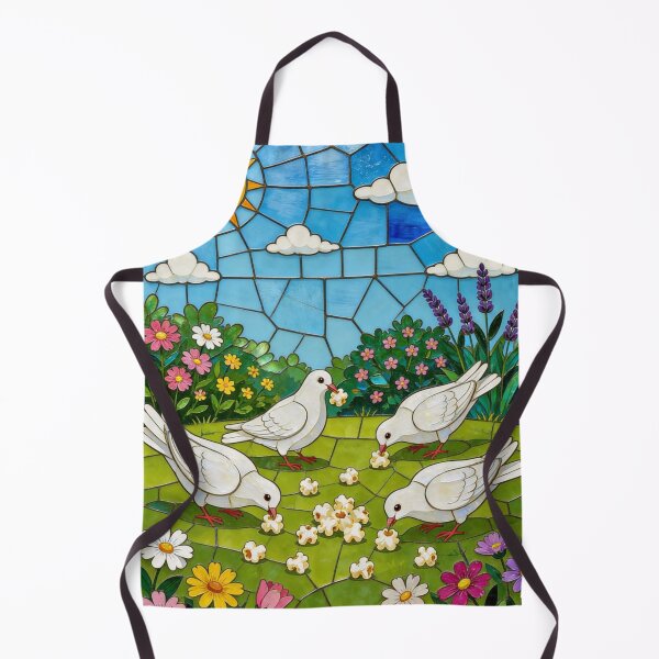 Item preview, Stained glass window: White doves eating popcorn in a garden designed and sold by Ciervo Primavera.