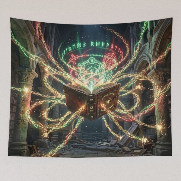 Item preview, Floating Magical Grimoire Cosmic Runic Holograms Fantasy Art designed and sold by TheRichGallery.