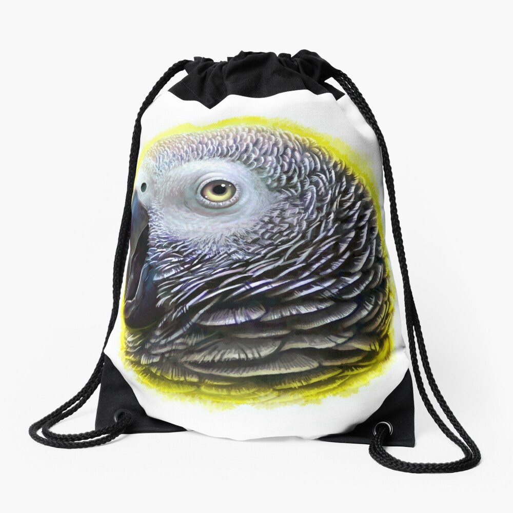 African Grey Parrot Realistic Painting Drawstring Bag