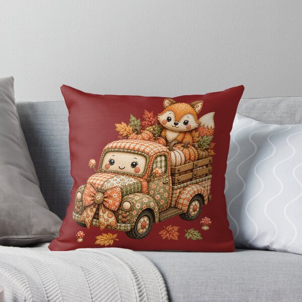 Item preview, Cute Autumn Patchwork Farm Truck with Fox and Pumpkins designed and sold by DecoVibe.