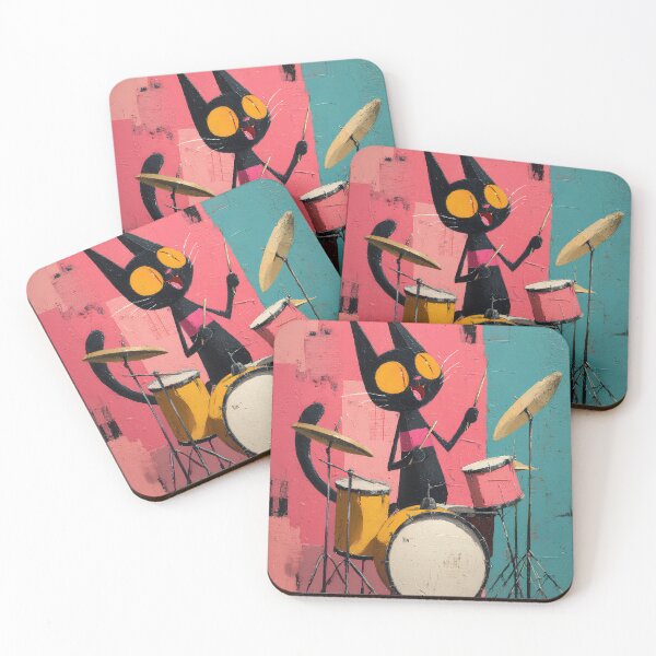 Item preview, Black Cat Playing Drums Whimsical Folk Art designed and sold by daila70.