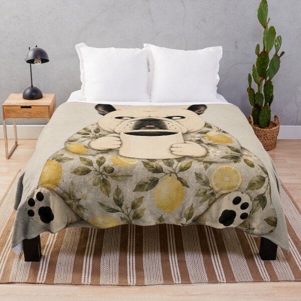 Item preview, Sleepy French Bulldog with Coffee & Lemon Blanket designed and sold by joycrysstudio.