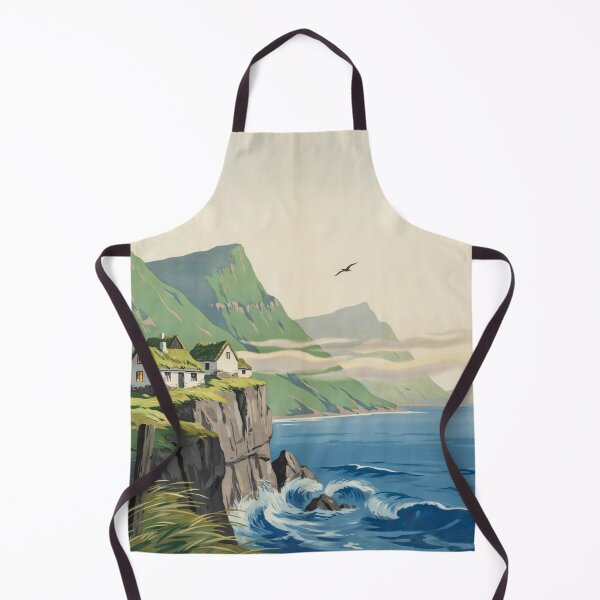 Item preview, Faroe Islands Cliffside Village Vintage Travel Poster | Nordic Turf Roof Cottages Wall Art | Mid-Century Landscape Print designed and sold by Tamas Das.