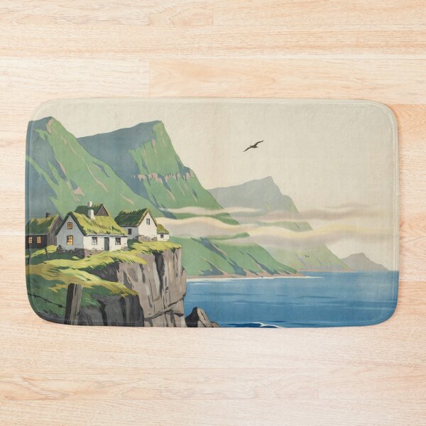 Item preview, Faroe Islands Cliffside Village Vintage Travel Poster | Nordic Turf Roof Cottages Wall Art | Mid-Century Landscape Print designed and sold by Tamas Das.