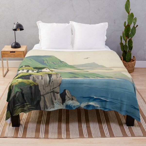 Item preview, Faroe Islands Cliffside Village Vintage Travel Poster | Nordic Turf Roof Cottages Wall Art | Mid-Century Landscape Print designed and sold by Tamas Das.
