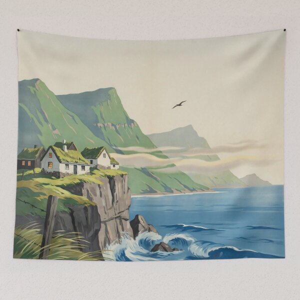 Item preview, Faroe Islands Cliffside Village Vintage Travel Poster | Nordic Turf Roof Cottages Wall Art | Mid-Century Landscape Print designed and sold by Tamas Das.