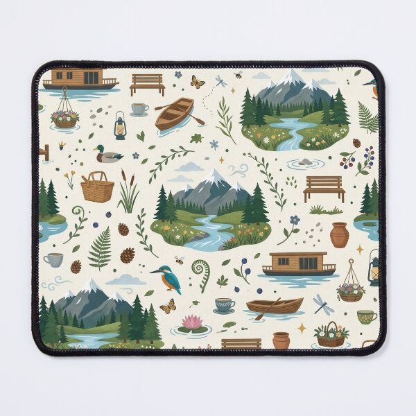 Item preview, Minimalist Alpine Lake & Houseboat Seamless Pattern – Serene Mountain Art designed and sold by OpenDreamArts.