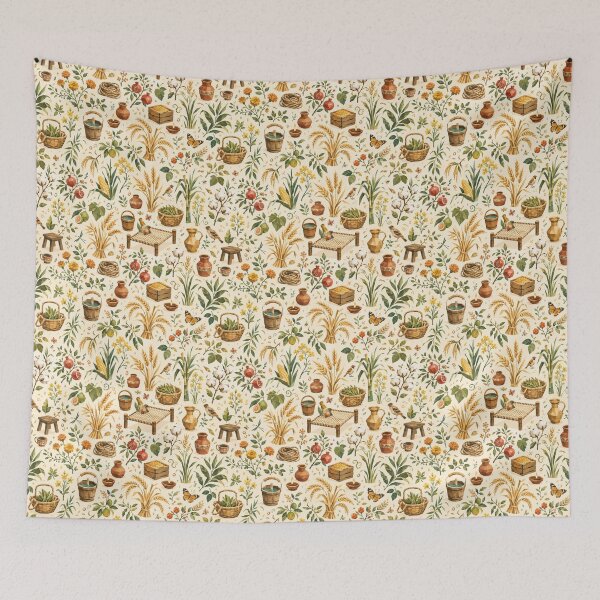 Item preview, Modern Cubist Punjab Harvest Pattern | Seamless Rural Botanical Farmhouse Design | Wheat Mustard Flowers Village Life | Premium Textile & Wallpaper Art designed and sold by OpenDreamArts.