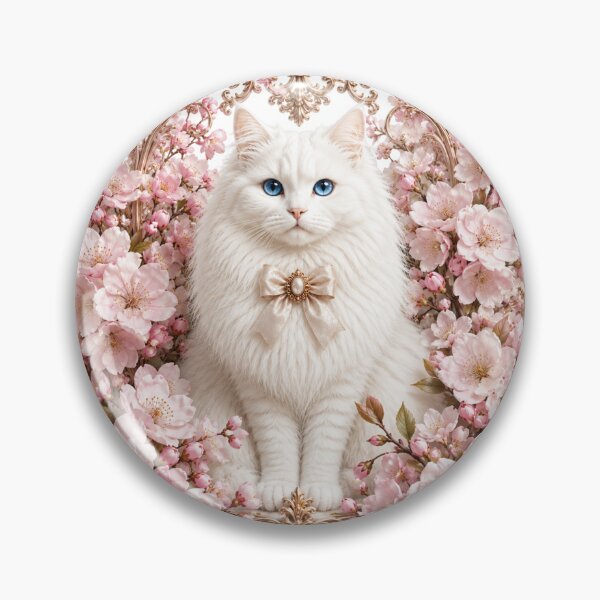 Item preview, Elegant White Cat with Pink Cherry Blossoms & Gold Ornate Frame – Japanese Floral Cat Art designed and sold by MoodLay.