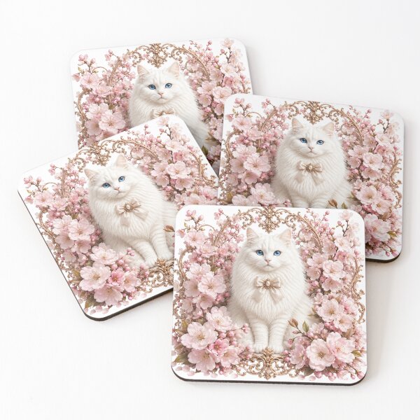 Item preview, Elegant White Cat with Pink Cherry Blossoms & Gold Ornate Frame – Japanese Floral Cat Art designed and sold by MoodLay.