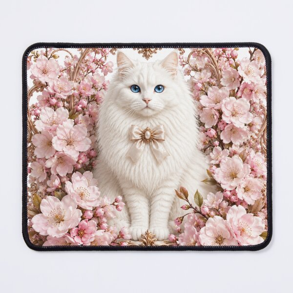 Item preview, Elegant White Cat with Pink Cherry Blossoms & Gold Ornate Frame – Japanese Floral Cat Art designed and sold by MoodLay.