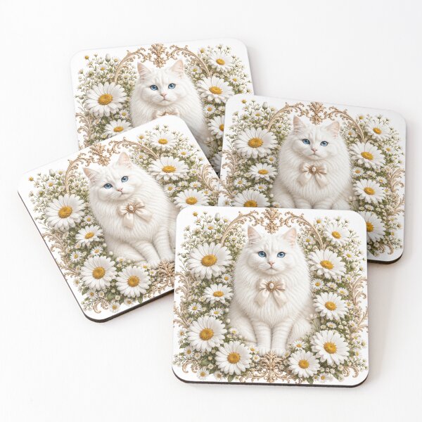 Item preview, Elegant White Cat with Daisies & Gold Ornate Frame – Floral Cat Wall Art designed and sold by MoodLay.