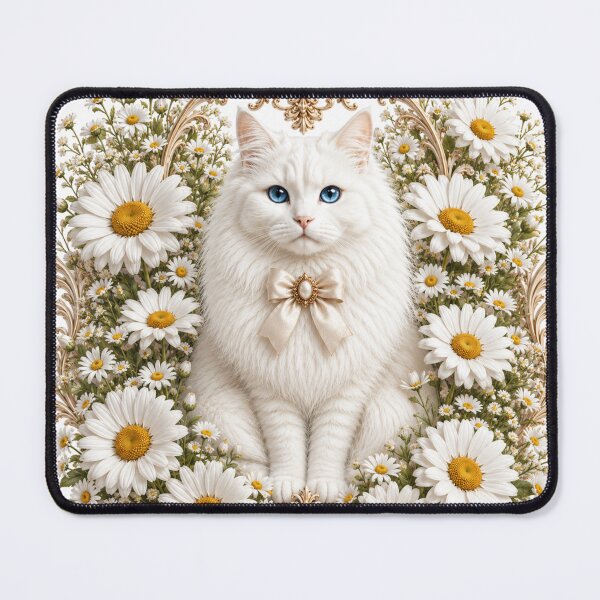 Item preview, Elegant White Cat with Daisies & Gold Ornate Frame – Floral Cat Wall Art designed and sold by MoodLay.