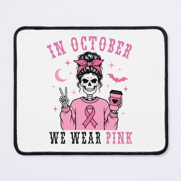 Item preview, In October We Wear Pink Breast Cancer Awareness Skeleton Messy Bun designed and sold by IsDesignHub.